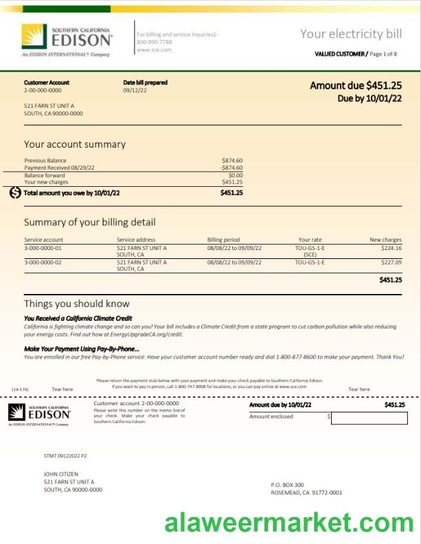 USA Southern California Edison utility bill template in Word and PDF format